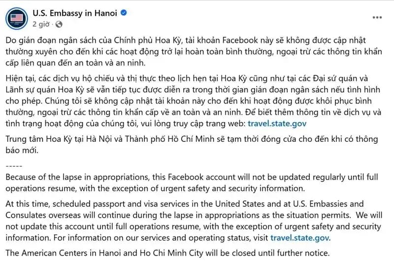 Tài khoản Facebook Đại sứ quán Hoa Kỳ tại Việt Nam ngừng hoạt động? 
