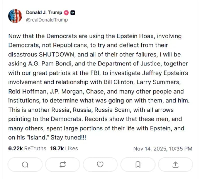 Trump yêu cầu điều tra quan hệ giữa Jeffrey Epstein với loạt nhân vật nổi tiếng