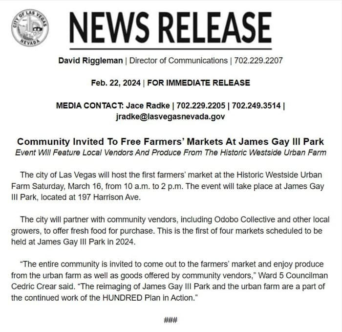 Hoa Kỳ: Thành phố Las Vegas tổ chức chợ nông sản miễn phí