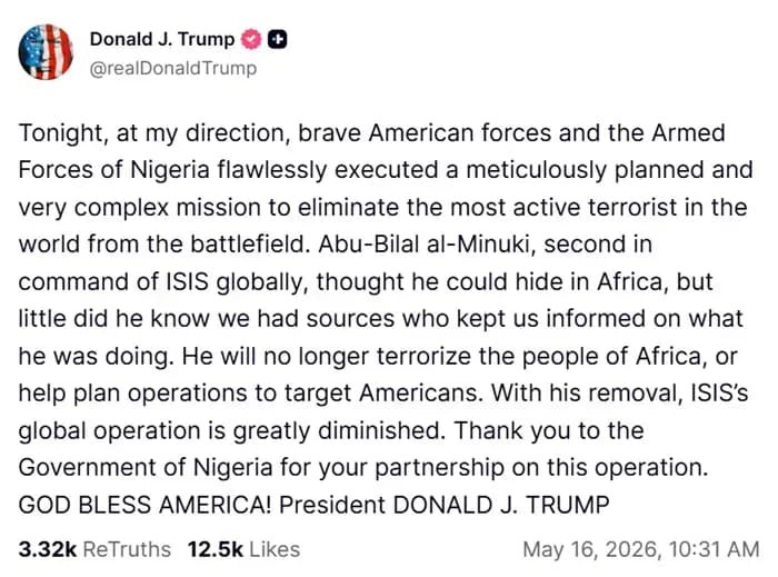 Hoa Kỳ phối hợp Nigeria tiêu diệt Phó chỉ huy toàn cầu của ISIS
